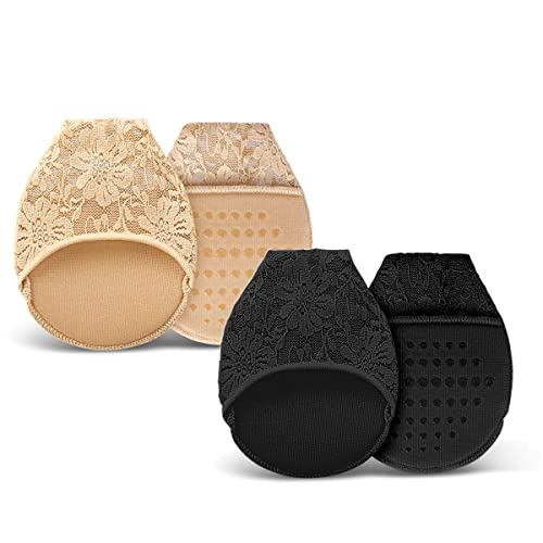 4 Pairs Half Toe Socks No Show Liner Socks Non-Skid Bottom Women Lace Toe Topper Liner Socks with Padding Pads, Black and Nude, One Size