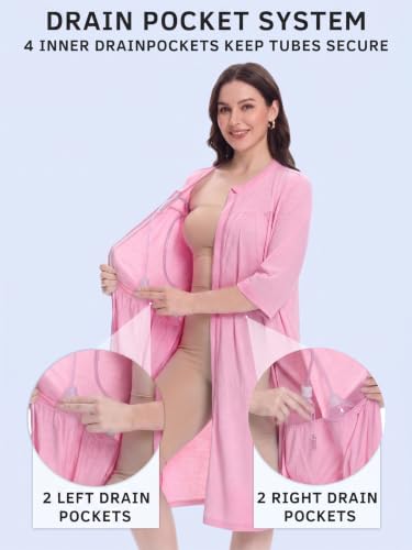 Image of Women's Post Surgery Robe with Drain Pockets Mastectomy Recovery Robe Front Zipper Hospital Gown Pajamas Gift