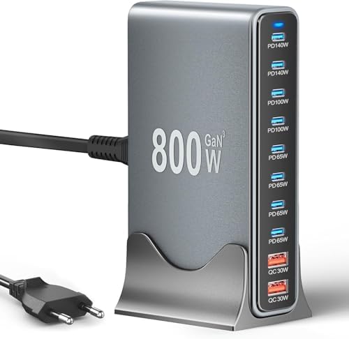 800W USB C Ladegerät Mehrfach, 10 Port GaN Ladestation | 2X 140W PD Mehrere Geräte, PPS Schnellladegerät, Kompatibel mit MacBook Pro/Air, Laptop, iPad, iPhone, Huawei, Galaxy