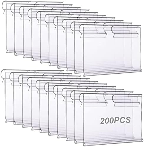 LOEQIAN 200 Pack Clear Plastic Label Holders, Clip On Label Holders, Merchandise Sign Display Tag Holder for Wire Shelf, Storage Bins, Basket, Supermarket Shop (6x4.2cm)