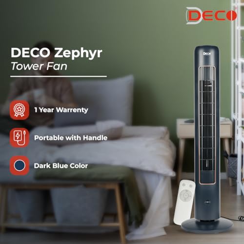 Image of DECO Zephyr Indoor Tower Fan with Touch Remote (Dark Blue, 40 W) | 3 Wind Modes, 3 Speed Settings | Internal Oscillation, Large