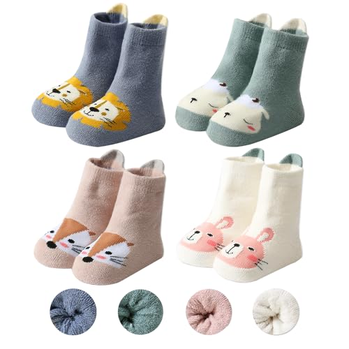 Unisex Baby Warm Thick Socks, Baby Toddlers Non-Slip Ankle Crew Socks Animal Breathable Children Floor Crawling Socks Soft Cotton Thermal Crew Socks for Infant Kids Baby Girls Boys 0-5 T 4-Packs