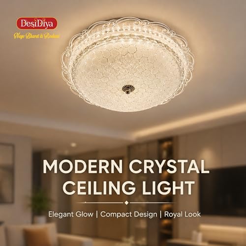 Image of Desidiya LED Modern Round Chandelier for Living Room Ceiling Crystal Ceiling Light Lamp | Jhummar Lighting for Bedroom, Pendant Lighting for Hall, Living & Dining, Multicolour (300MM)