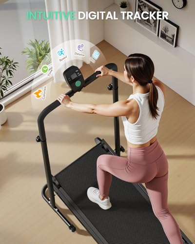 Image of AKLUER Non-Electric Treadmill with Dual Flywheel - Fixed Incline, Soft Foam Grips, Non-Slip Belt, LCD Monitor, Compact Foldable for Home /Gym Use