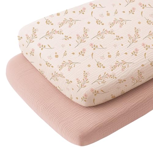 Image of Konssy Muslin Fitted Bassinet Sheets 2 Pack for Baby Girl Boy, Soft Bedside Sleeper Bassinet Sheets Fit for Baby Bassinets, Moses Basket Oval Rectangle Pad/Mattress