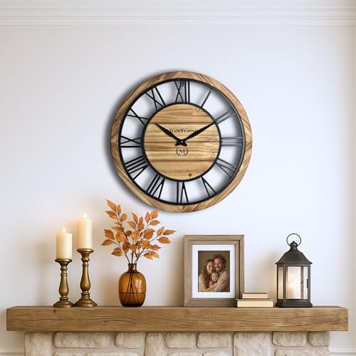 Montoire 24 Inch Wooden Farmhouse Wall Clock, Extra Large for Living Room Decor - Big Rustic Wood Large Round Wall Clock 24 Inches or Larger, Battery Operated with Decorative Roman Numerals