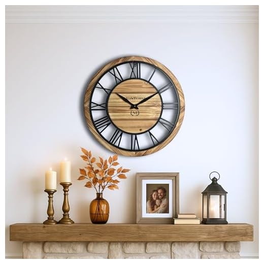 Montoire 24 Inch Wooden Farmhouse Wall Clock, Extra Large for Living Room Decor - Big Rustic Wood Large Round Wall Clock 24 Inches or Larger, Battery Operated with Decorative Roman Numerals