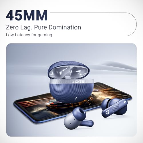 Image of BERTH Airchords Z TWS Earbuds, 40H Playtime, BT 5.4, ENC Mics, 13mm Bass Drivers, 45ms Low Latency, IPX5, Fast Charging, 10min=100min Playback, Gaming Mode, 1-Year Warranty (Blue)