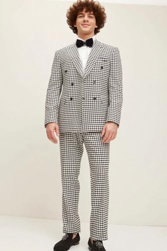 VENNYNG Men's Houndstooth Suits Two Piece Double Breasted Outfits Plaid Casual Wedding Tuxedo Jacket Pant2