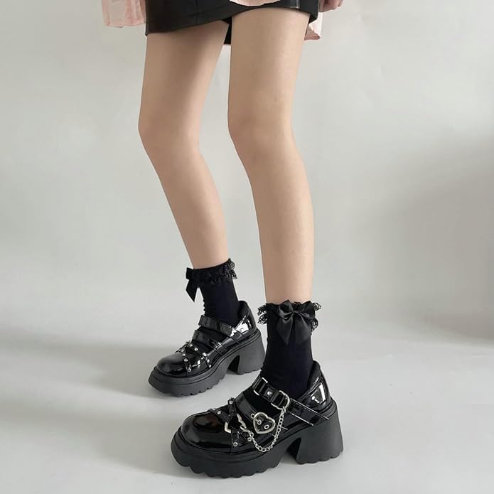 Womens Goth Platform Mary Janes Heels Buckle Chain Punk Ankle Cute Punk Emo Lolita Shoes with Rivets Heart Chains2