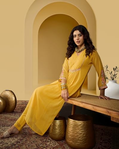 Image of Amazon Brand - Tavasya Women Milky Georgette Zai Sequence Embroide Kurta with Pant Set |Kurta Set|Ethnic Wear|Salwar Suit|3 Piece Set