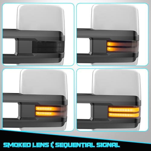 Image of Smoked Lens Sequential Signal Tow Mirrors Compatible with 2007-2021 Toyota Tundra, Heated Extended Trailer Towing Side Mirror w /Backup Light(w /o BSM), White Housing