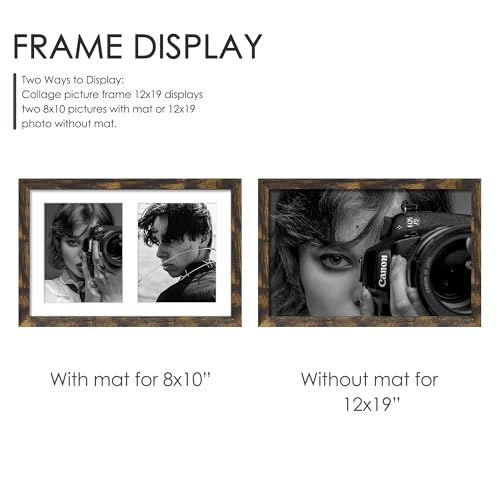 Image of DUENPY 12x19 Double Picture Frame 8x10 Displays Two 8x10 inch Photos Collage Available Horizontal Wall Mounting Display and Vertical Brown