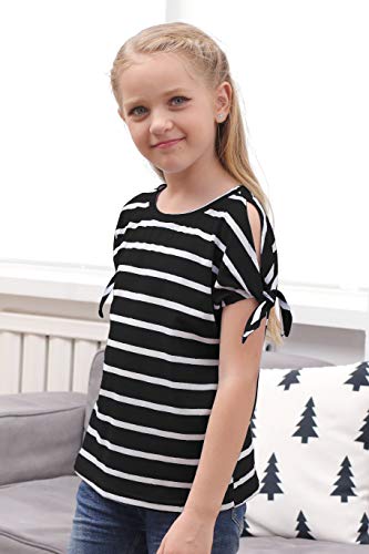 Image of GORLYA Girls Slit Sleeve Tie Knot Cuff Knit Tunic Top 4-14Y | Seamless knit, cold shoulder slit sleeves with tie-knot cuffs, solid & stripe options, ideal for school and casual outings.