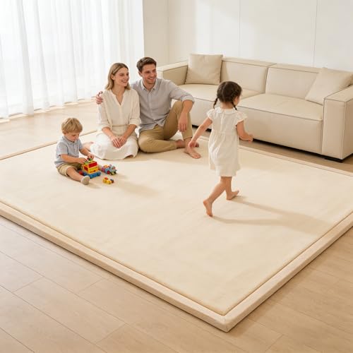 Image of Baby Play Mat for Floor, 1.3 Inch Thick Memory Foam Tummy Time Mat with Non Slip Backing, Soft Coral Velvet 59X79 Inch Playpen Mat Crawling Tatami for Infants Toddlers Kids, Beige