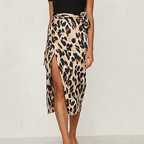 Women's Summer Slit Skirt with Separate Elasticated Waist Leopard Print Split Twist Front Thigh High Waist Elastic Midi Ruched Tie Skirt Brown - Image 7