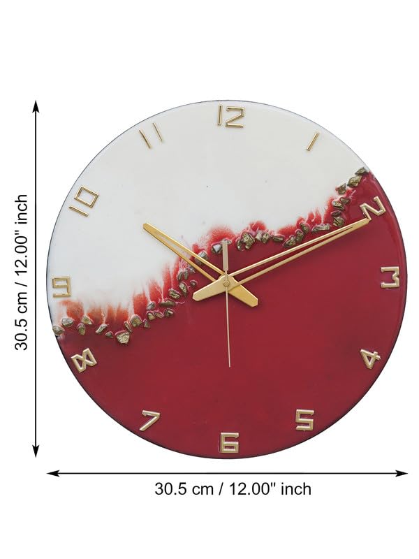 Image of CHRONIKLE Elegant Epoxy Resin Round Handcraft Red and White Stone Art Analog English Numbers Wall Clock for Living Area Room Home Office Decoration Gifts (Size: 30x6x30 CM | Weight: 765 Gram)