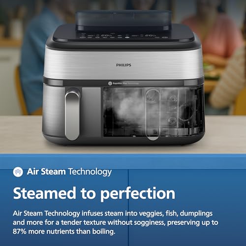 Philips Air Fryer 5000 Series Dual Basket with Steam – 9L Capacity, RapidAir Plus Technology for Juicy Chicken, Crusty Bread, 19 Cooking Programs, Steam Clean Function (NA555/09)