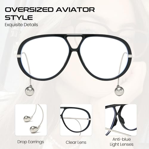 Image of SODQW Oversized Aviator Blue Light Blocking Glasses Women with Earring Trendy Large Big Double Bridge Designer Eyewear