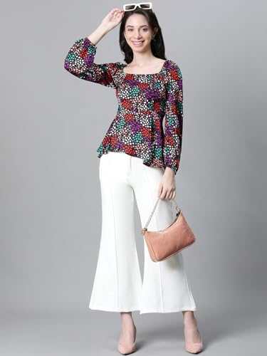 Image of Women Solid Round Neck Elasticated Polka Print Long Sleeve Top