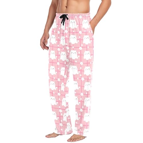 Cute White Spirits Men's Cotton Pajama Pants with Pockets and Drawstring Comfortable and Stylish,S4