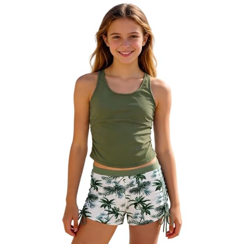 Maillot de bain ado fille 2 pièces noir et motif feuillage avec short 8-14 ans