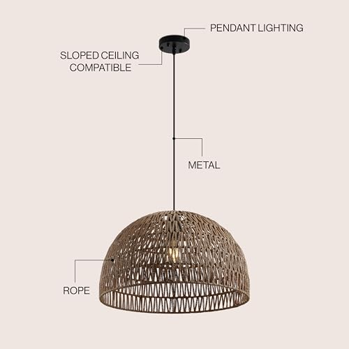 Image of JONATHAN Y 20 inch Brown Modern Bohemian Woven Rope LED Pendant Light Fixture, Adjustable Dome Ceiling Lamp for Kitchen Island, Rope Shade, Coastal Farmhouse Decor (JYL6504F)