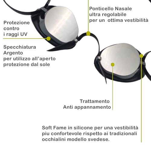 SwimmerShop Occhialini Nuoto Specchiati Tipo Svedesi - Occhialini Piscina con Bordo in Gomma, Anti Appannamento, Gommati, Protezione UV - Modello Svedesi per Nuotatori Professionisti - Argento - 3