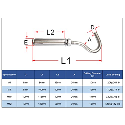 Image of Expansion Hook Anchor Bolt 5 Pack M12 304 Stainless Steel Concrete Wall Hooks Heavy Duty Open Cup Expansion Bolts for Concrete Wall