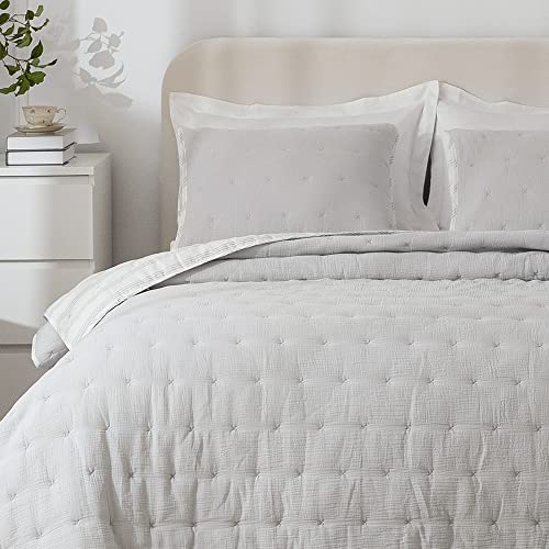 Shalala Cotton Gauze Quilt Sets,Gray Lightweight Quilt Bedding Sets,Reversible Seersucker Quilts For Queen Bed,3Pcs Ultro-Soft Bedspread,Breathable Coverlet For All Season(Full/Queen,Grey) #TOP3