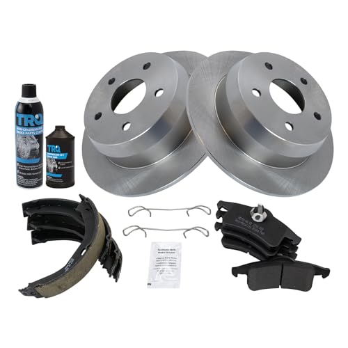 Image of TRQ Rear Brake Pad & Rotor Kit, with Chemical Kit Parking Brake Shoe Set Semi-Metallic Compatible with 1999-2004 Jeep Grand Cherokee