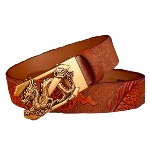 Light Brown Ratchet Belt With Engraved Dragon Gold Automatic Buckle - Handmade Dragon Pattern Leather Strap3