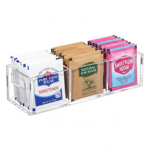 Sugar Packet Holder,3 Compartment Tea Bag Organizer with Handles, Plastic Small Sugar Caddy Dispenser for Coffee Bar,Drink Packet &Condiments Organizer(Clear)