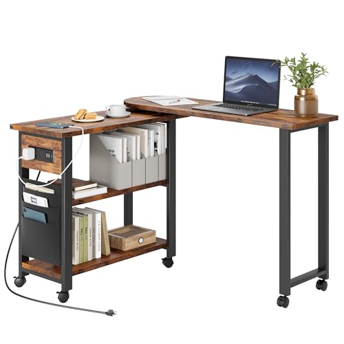 GarveeHome Rotating Side Table Swivel End Table with Charging Station and Extra Storage Bag, Movable End Table with 6 Brake Wheels for Bedroom Living