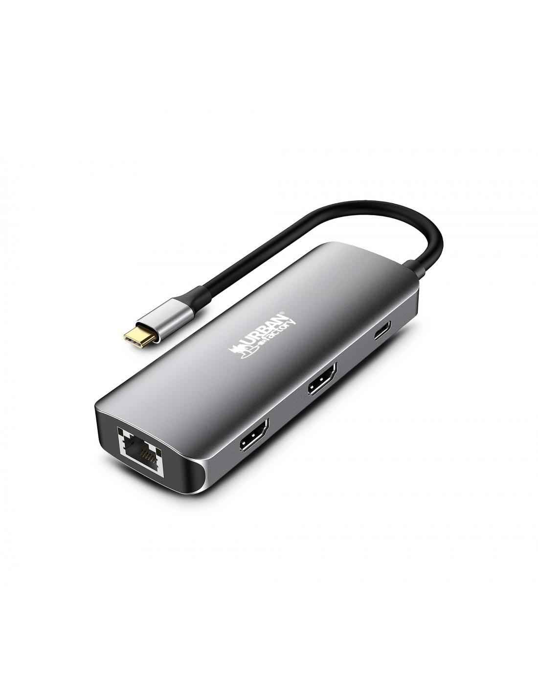 Urban Factory HUBEE Hub USB-C 7 en 1 – 2 HDMI 4K 30Hz, 3 USB-A 3.0, Ethernet RJ45 1Gbps, USB-C Power Delivery 100W, Adaptateur Multiport PC Mac Laptop