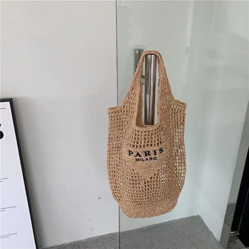 POOOPSSD New Woven Bag, Straw Mesh Tote Bag, Beach, Shoulder Bag, Hobo Women, Foldable Large Capacity, for Holiday, Picnic and Party. (Khaki) - Image 5
