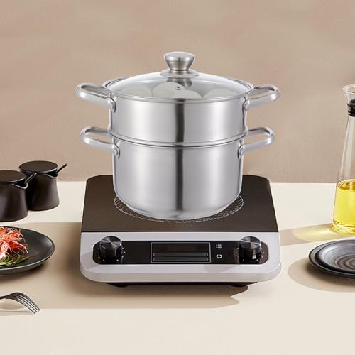 Foto von Edelstahl Dampftopf 2-stufig, 3-4L Dampfgarer mit Deckel, für Gemüse, Garnelen, Brötchen, Suppe, Fettarmes Kochen, Induktion & Gasherd, spülmaschinenfest