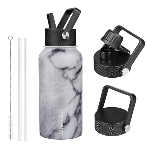 Image of BJPKPK Insulated Water Bottles with Straw Lid, 27oz Stainless Steel Water Bottle with 3 Lids, Leak Proof BPA Free Metal Thermo, Mugs, Tumblers, Keep Cold Hot -Marble Frozen