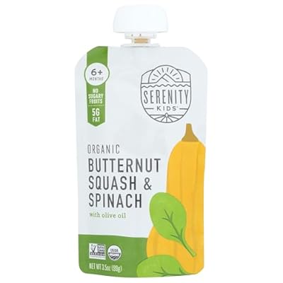 Serenity Kids 6 Months USDA Organic Veggie Puree Baby Food Pouches | No Sugary Fruits or Added Sugar | Allergen Free | 3.5 Ounce BPA-Free Pouch | Butternut Squash & Spinach | 1 Count