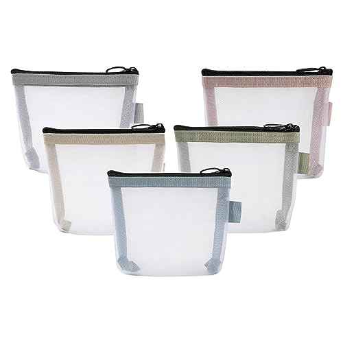 Mini Trousses de Toilette en Maille éclair en Nylon, 5PCS Petite Pochette de Rangement pour Voyage, Cosmétiques Bureau, Porte-Monnaie Organisateur pour Monnaie Cartes Clé Câble écouteurs