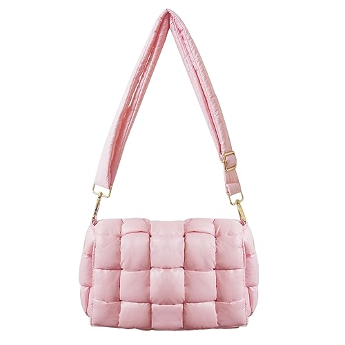 NAARIIAN Puffer Woven Bag Crossbody Purse for Women Padded Cassette Shoulder Bags Trendy Handbags Messenger(Dark Pink)