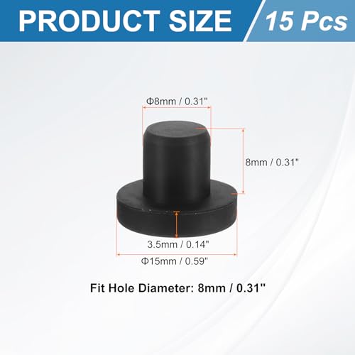 Image of uxcell 15Pcs Silicone Hole Plug, Waterproof Solid T-Shaped Rubber Stoppers Bottle Seal Tube Pipe Plug End Cap for 8mm /0.31 inch Hole for Bathtub Bottle, 0.35 inch Plug Height, Black