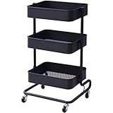 山善(YAMAZEN) キッチンワゴン 高さ調節可能 全体耐荷重60k メッシュタイプ キャスター付き 幅46×奥行38×高さ81cmg バスケットトローリー 組立品 ブラック LBT-3(BK)