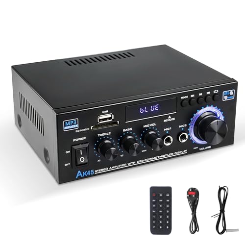 Stereo Audio Amplifier, Bluetooth 2.0 Channel Speaker Amplifier HiFi for Speakers FM Radio, Karaoke, LCD Display & Remote Control, w/USB/SD/RCA/MIC/FM in, for Home Car Speakers 40W x 2