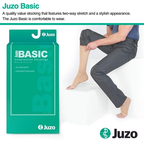 Image of Juzo Basic 20-30 mmHg Compression Stockings, Knee High, Open Toe | Compression Socks for Women / Men for Moderate Varicosities & Edema, Post-Sclerotherapy, Post-Op