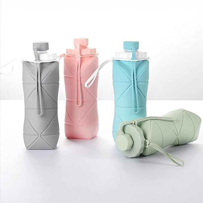 Image of 600ml Folding Silicone Water Bottle Sports Outdoor Travel Portable with Leak-Proof Lid Space-Saving for Travel, Gym, Hiking, Camping (GREEN 2PC)