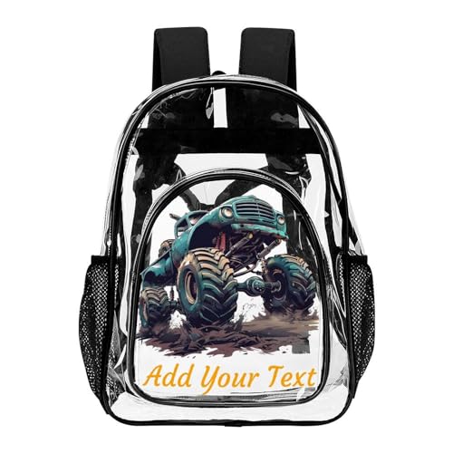 MoBlinko Personalized Clear Backpack School Backpack Heavy Duty PVC Monster Truck Custom Name Large Transparent Backpack Bag DIY See through Backpack for Gifts - Main Image