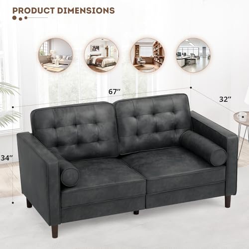 Image of 67 inch Suede Leather 2 Seater Sofa with Two Bolster Pillows, Grey | Tufted Sofa with Wooden Legs, Mordern Couch for Living Room, Office, Apartment