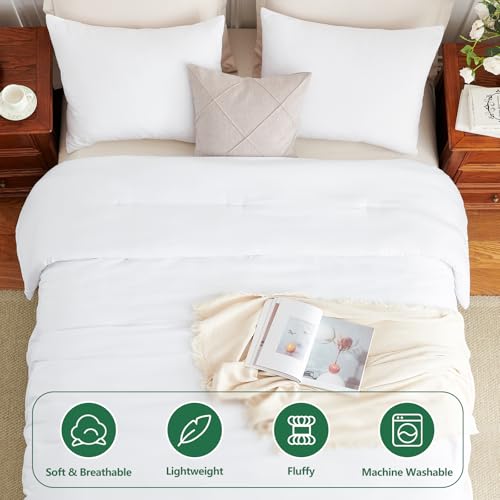 Image of HIMEET Queen Comforter Set, 3 Pieces 90 inchx90 inch with 2 Pillowcases, White | 270GSM Down Alternative Fill, Oeko-TEX Certified, 8 Corner Ties Quilted, All Season, Fluffy Bed Set, Bedroom Decor Bedding
