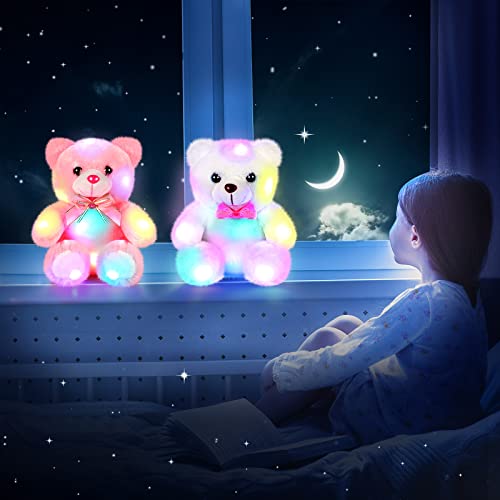 Skylety 2 Pieces Led Bear 8.6 Inch Stuffed Animal Soft Light Plush Toy, Valentines Bear, Colorful Glowing Bear For Kids Baby Boys Girls Birthday Girlfriend Mother's Day, Pink And White #TOP6